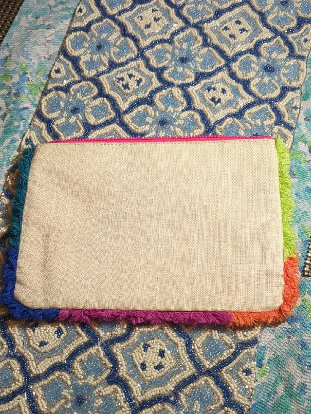 Express Neutral Linen 'Drink Like a Mermaid' Clutch with Multicolor Fringe